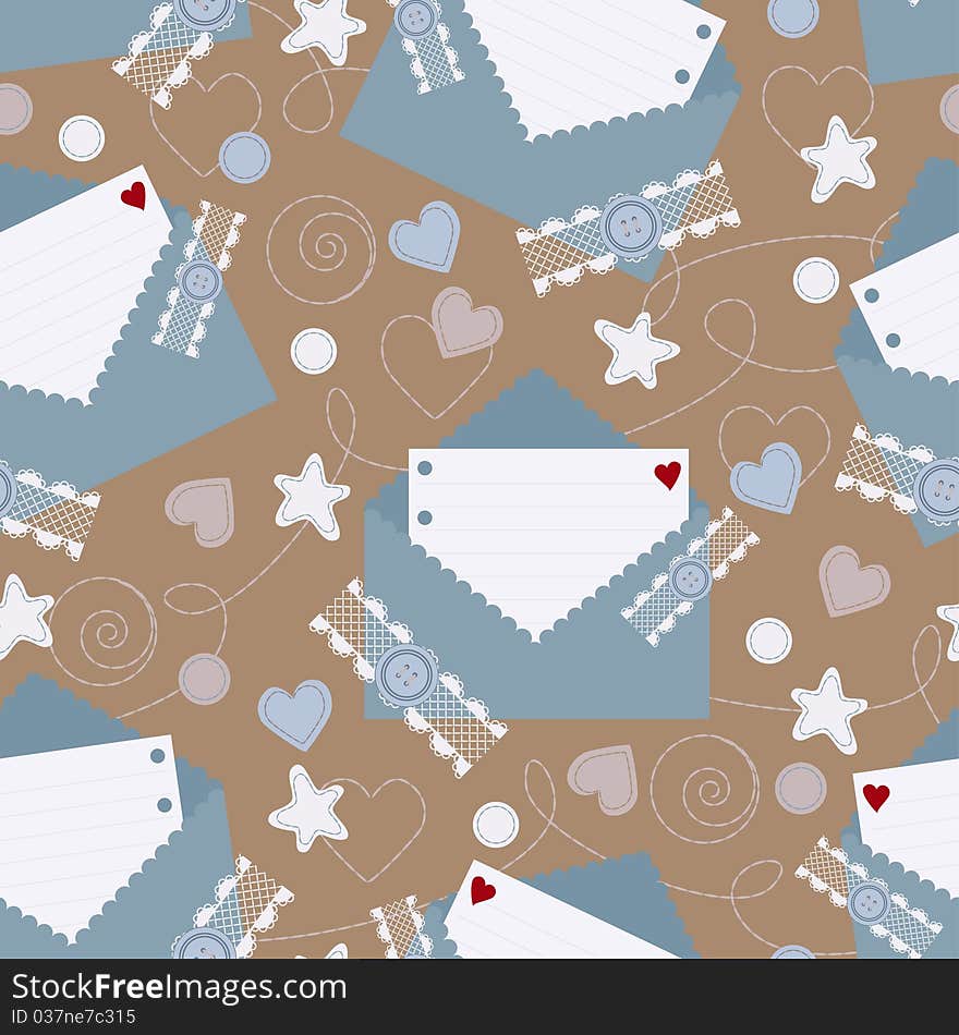 Seamless background with envelops, hearts and stars. Seamless background with envelops, hearts and stars