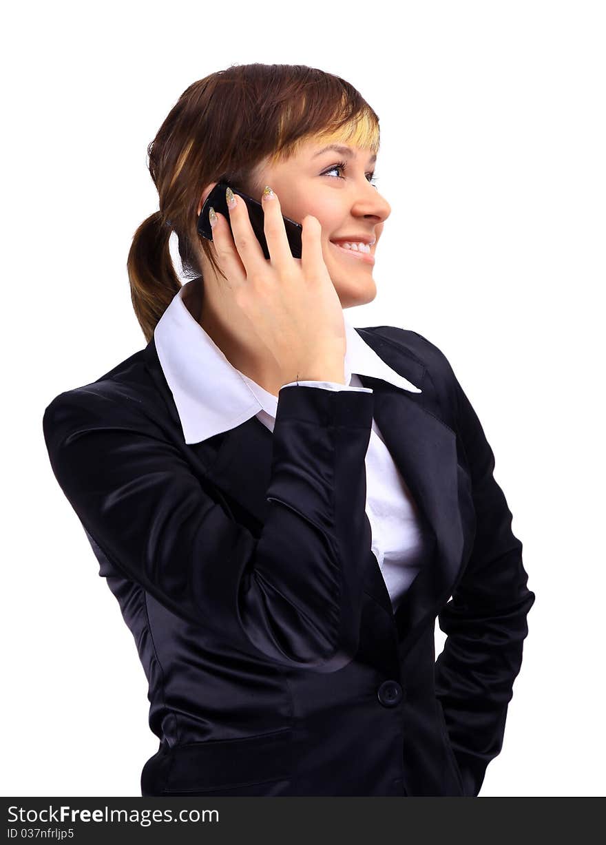 Business woman smiling on the phone isolated over a white background