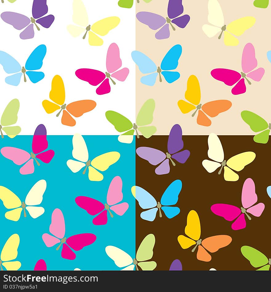 Set of four colored seamless background with butterflies. Set of four colored seamless background with butterflies