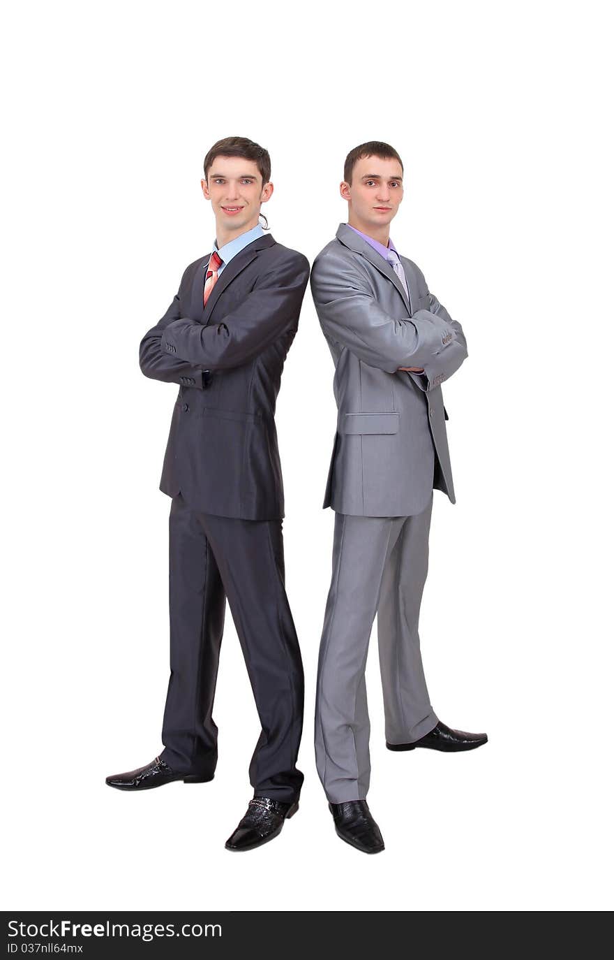 Two young businessman posing back together team portrait