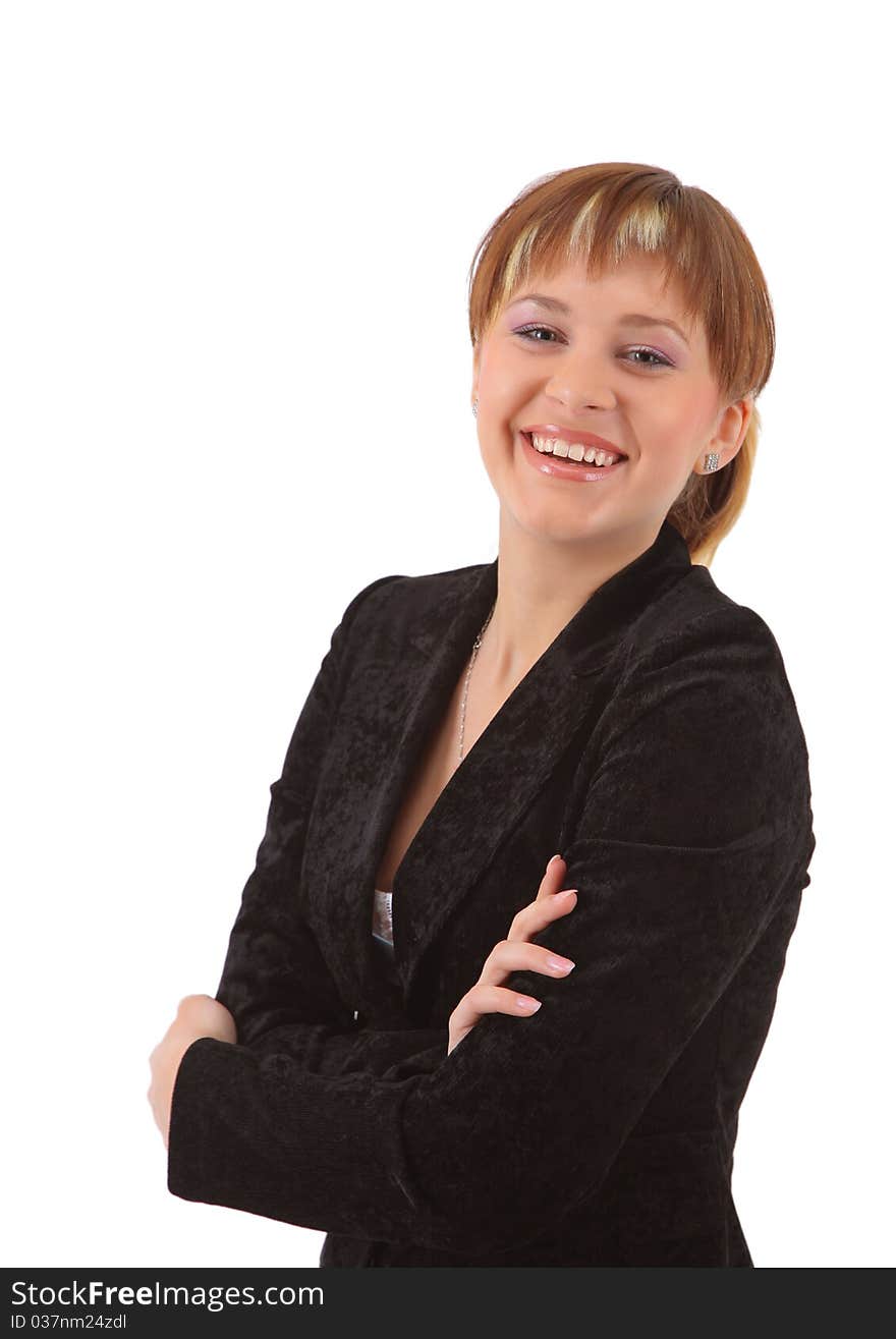 Business woman smiling isolated over a white background