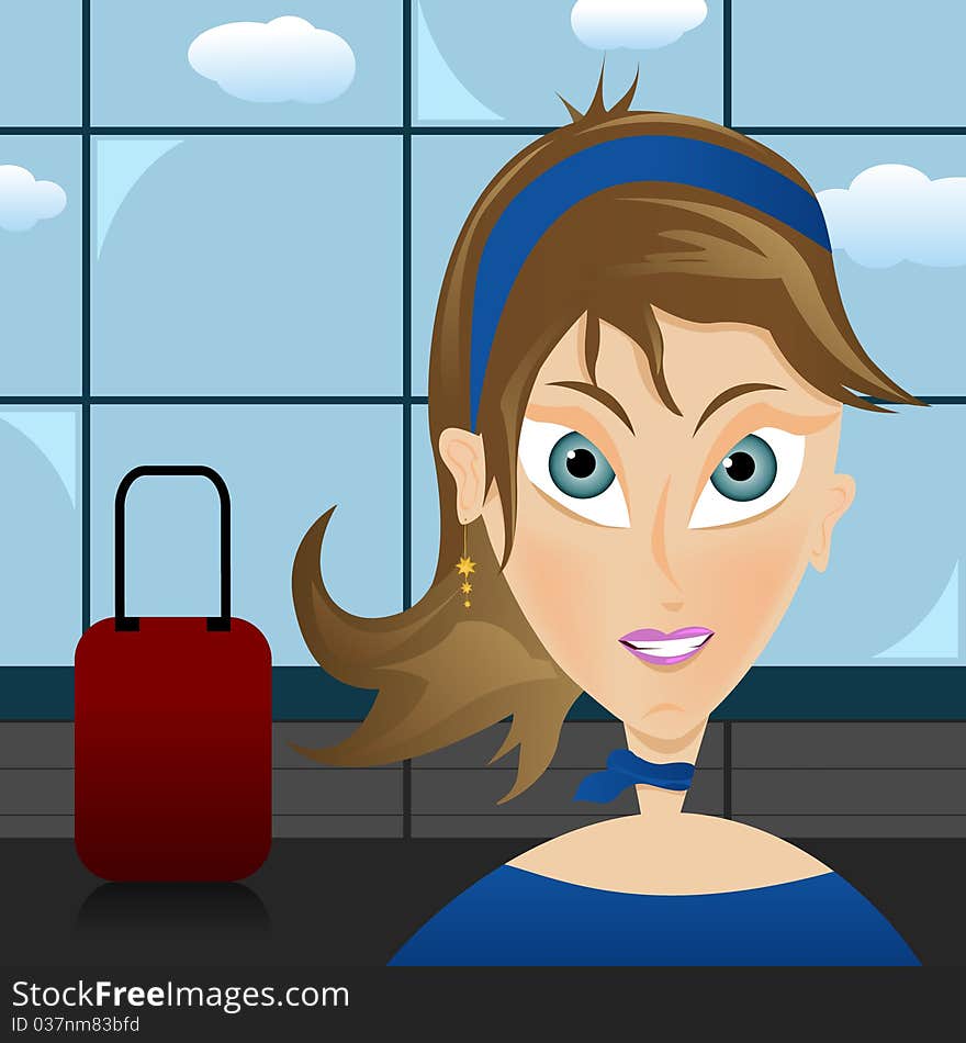 Vector illustration of an air hostess in front of the airport. Vector illustration of an air hostess in front of the airport.