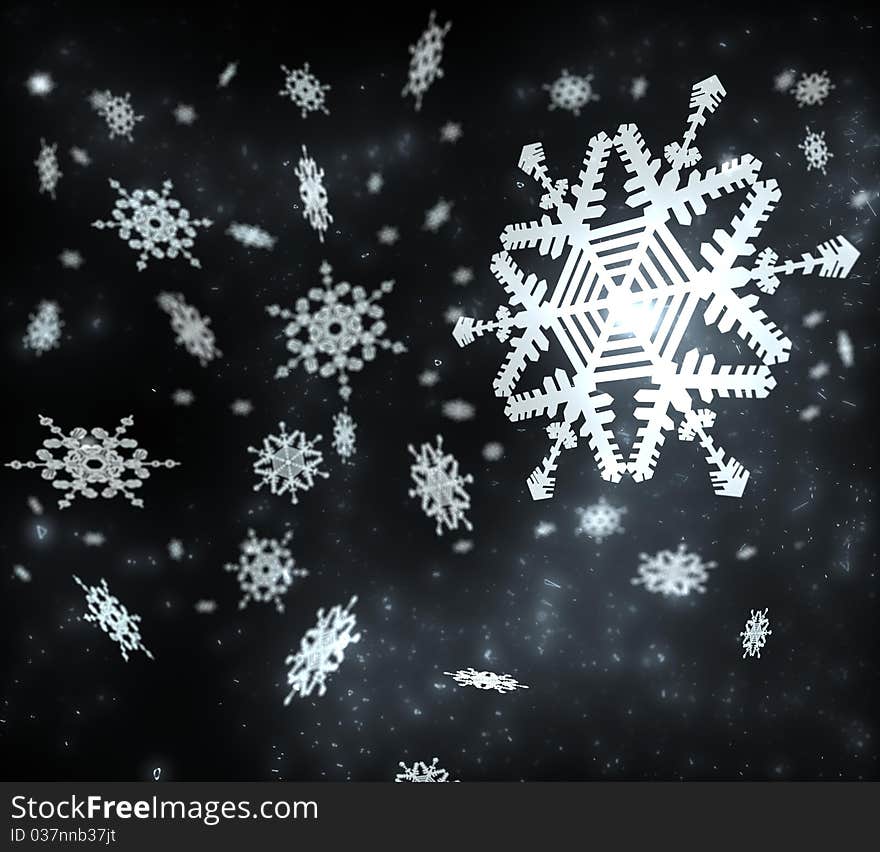 White snowflakes on a black background are falling down