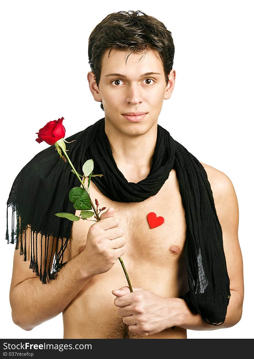 Young half-naked man with black scarf and red rose with some small hearts on his body. Young half-naked man with black scarf and red rose with some small hearts on his body