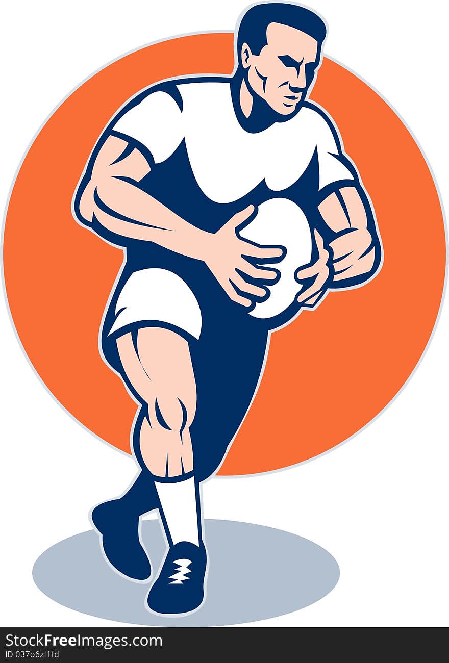 Illustration of a rugby player running with ball done in retro style