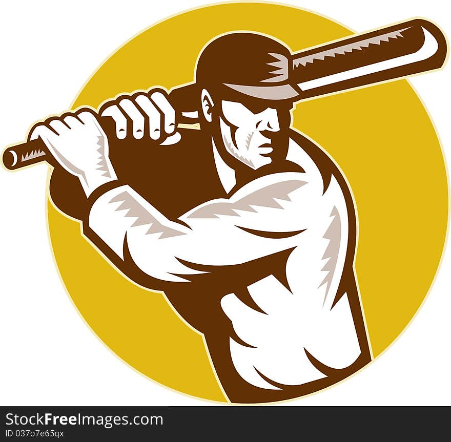 Illustration of a cricket batsman batting side view set inside circle