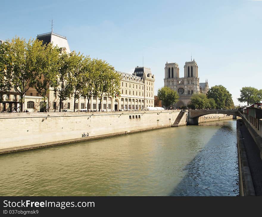 The Seine of Notre Dame de Paris (French for Our Lady of Paris, meaning the church in Paris dedicated to the Virgin Mary), often known simply as Notre Dame in English.