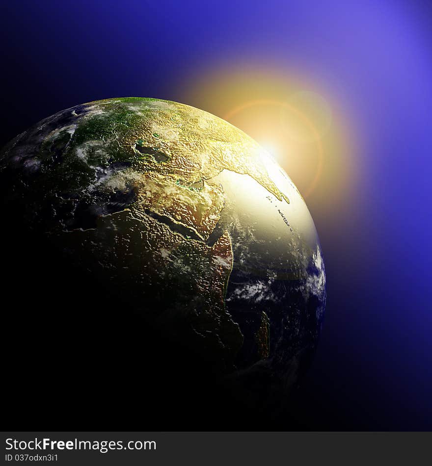 Beautiful sun ray during sunrise behind earth. Beautiful sun ray during sunrise behind earth