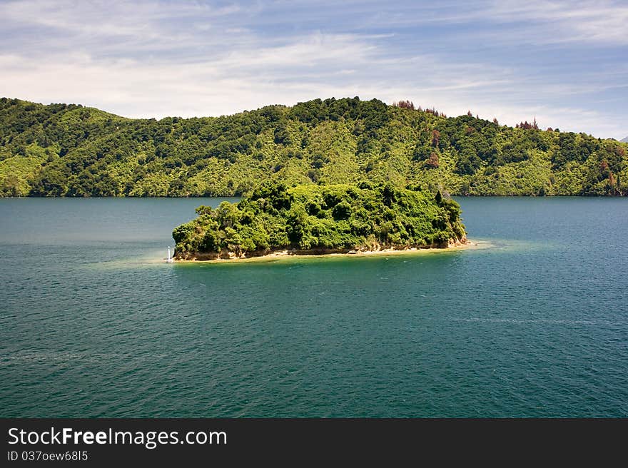 Island and mountains in Queen Charlotte sound, New Zealand. Island and mountains in Queen Charlotte sound, New Zealand