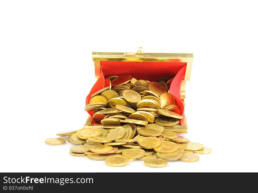 Coin Bag & Stacks of Gold Coins on white background.