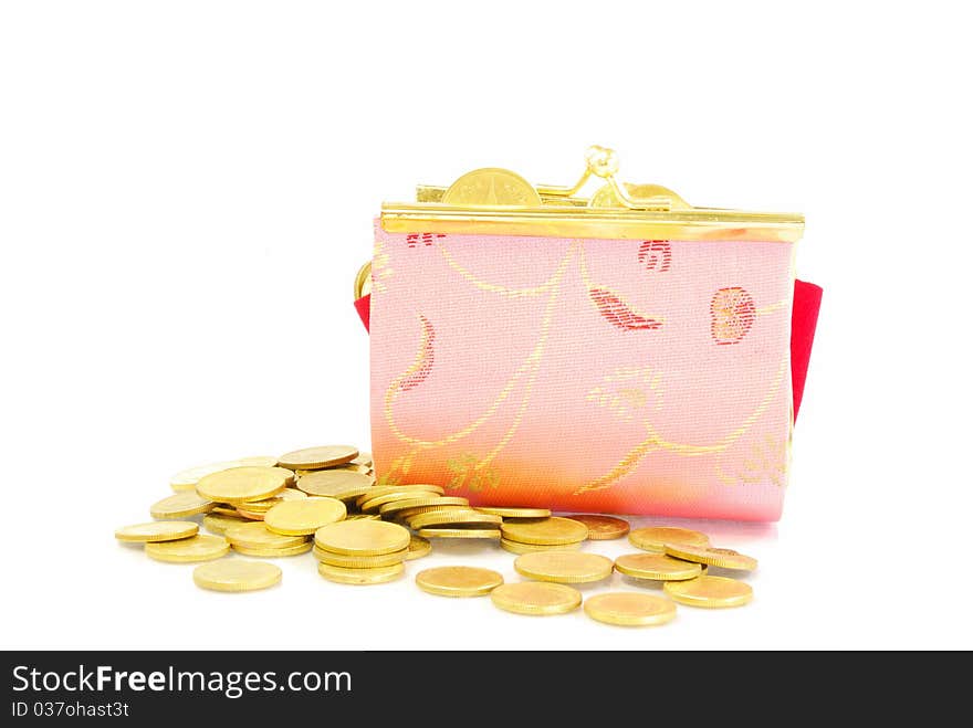 Coin Bag & Stacks of Gold Coins on white background.