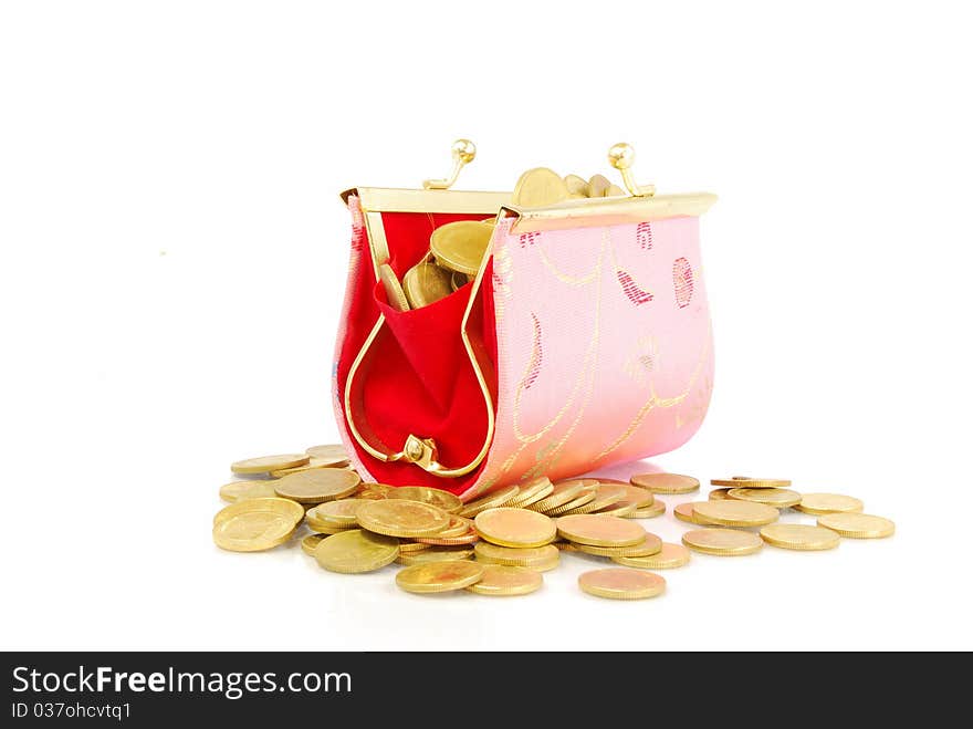 Coin Bag & Stacks of Gold Coins on white background.