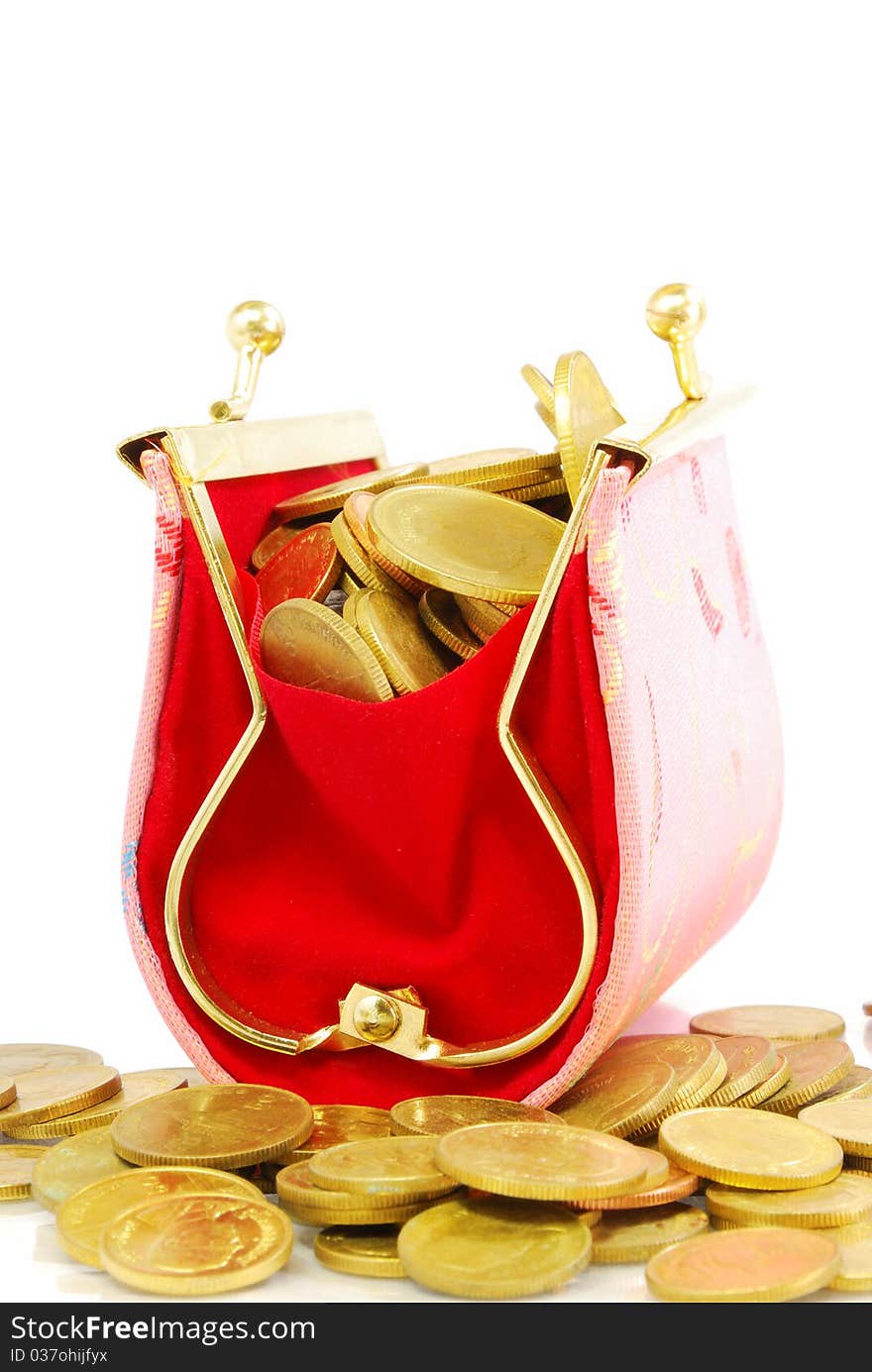 Coin Bag & Stacks of Gold Coins on white background.