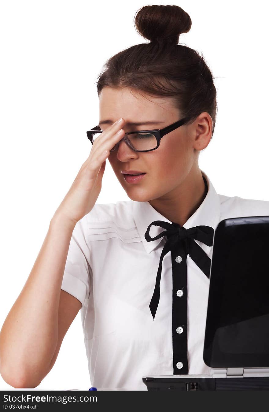 Woman with glasses sits and working on laptop A series of office work