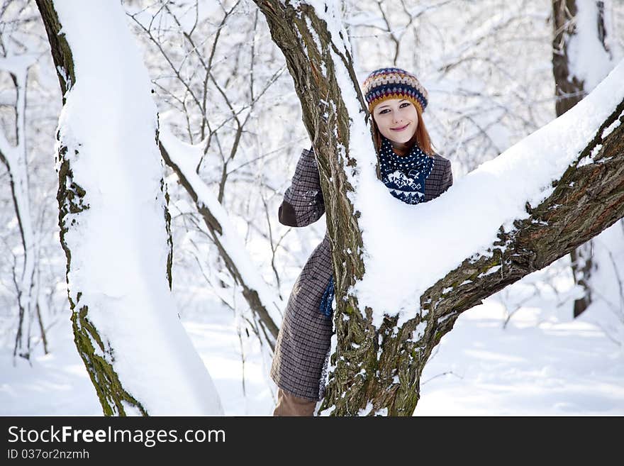 Beautiful young red-haired woman in winter park