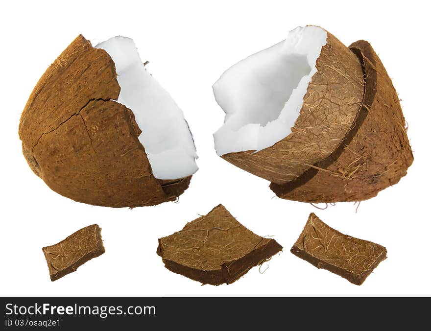 Fresh cracked coconut isolated on white background. Fresh cracked coconut isolated on white background.