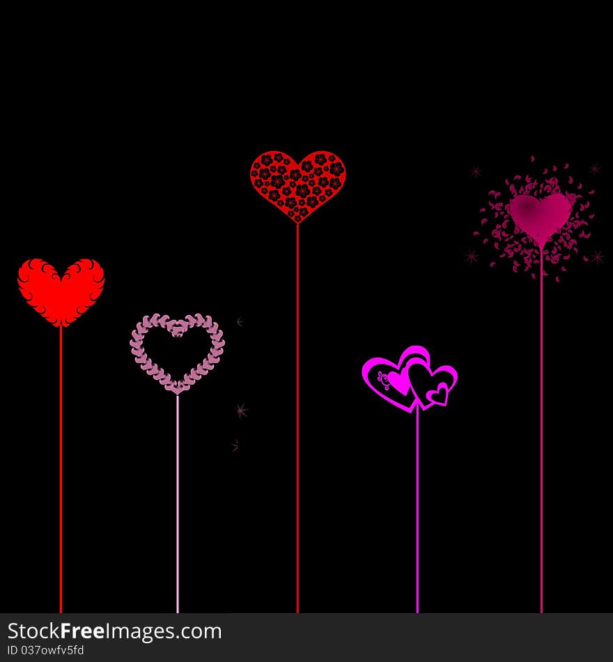 A black background with pink and red stalks and hearts patterns. A black background with pink and red stalks and hearts patterns