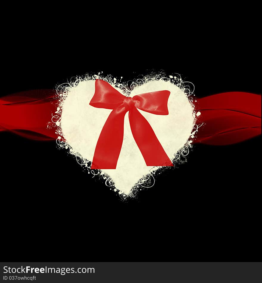 A black background with a big white heart and a red bow. A black background with a big white heart and a red bow