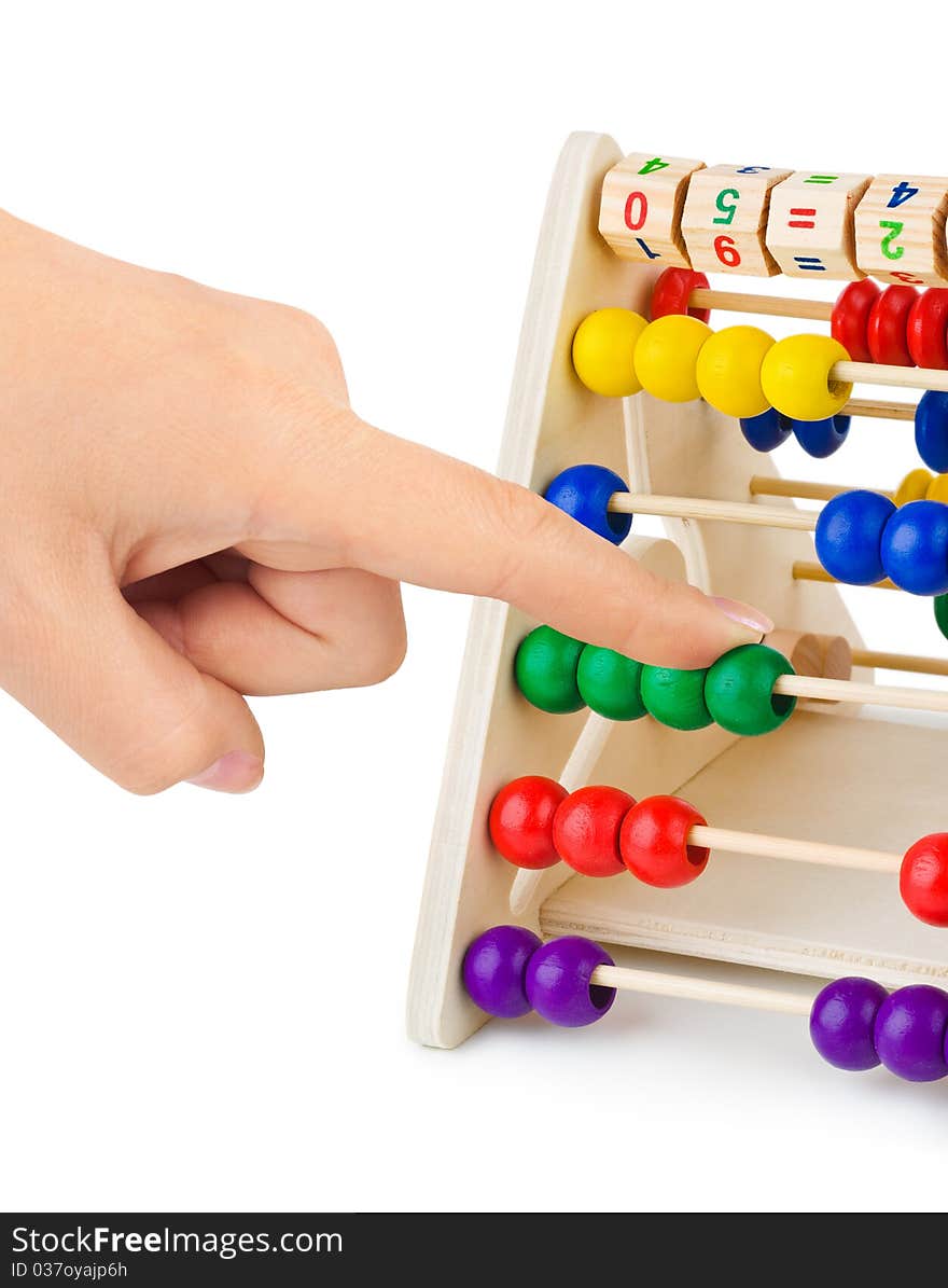 Hand and abacus isolated on white background