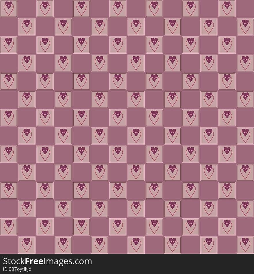 Tiled background pattern. Hearts on checked violet background