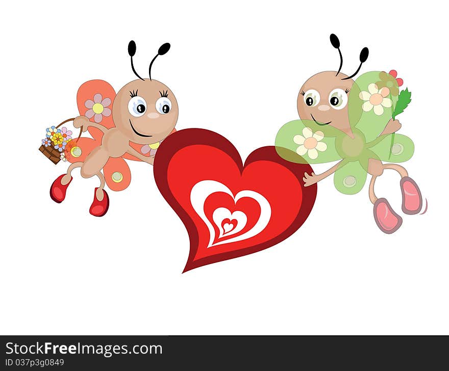 Two funny butterflies with hearts