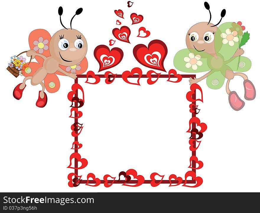 Butterflies with hearts, frame,isolated. Butterflies with hearts, frame,isolated