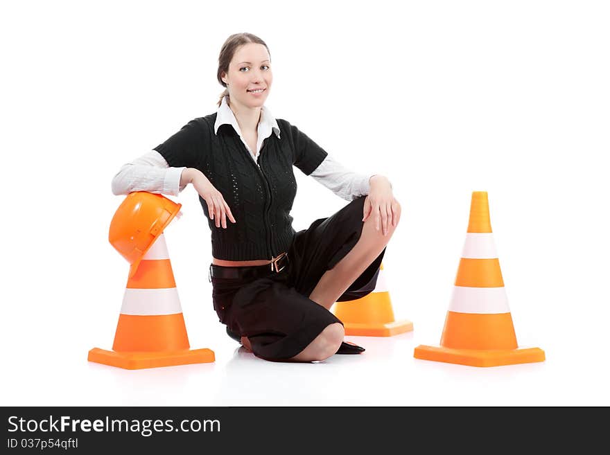 A business woman With cones over white background. A business woman With cones over white background