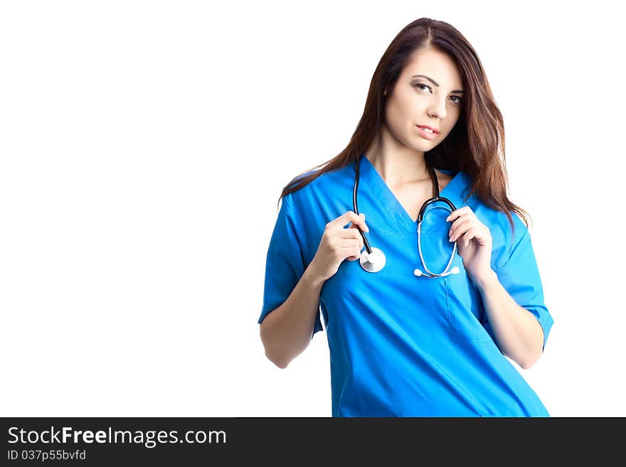 Woman doctor in uniform on white background