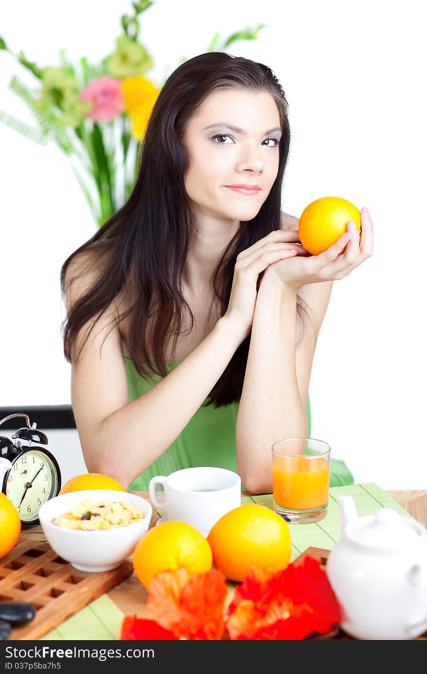 Beautiful woman in cafe over white background. Beautiful woman in cafe over white background