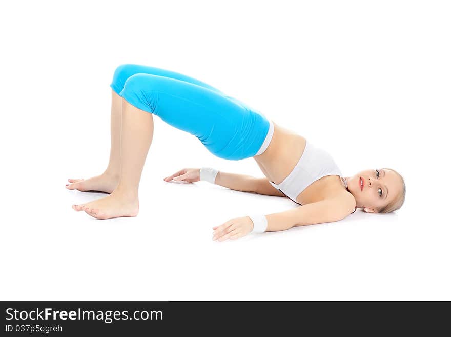 Women in fitness over white background with blond hair