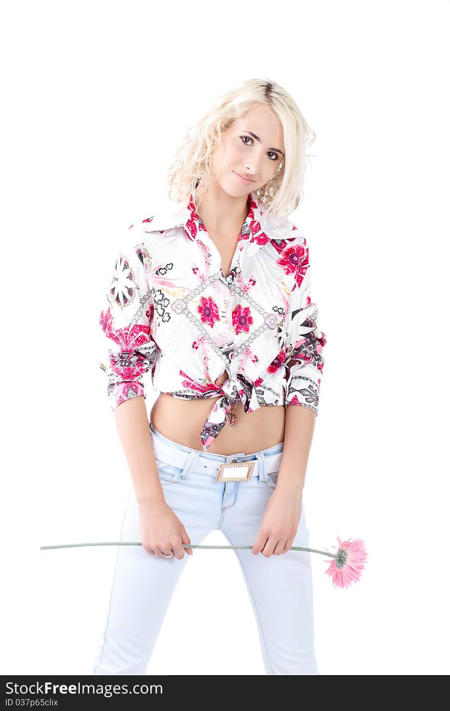 Blond model wearing a color shirt on a white background