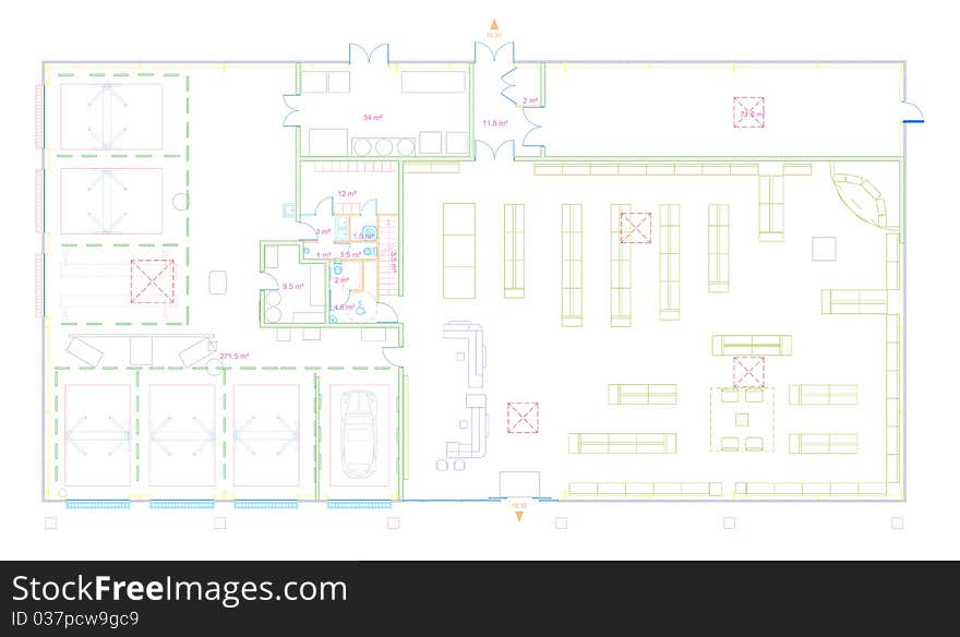 This image represents a blueprint of a commercial building made in CAD