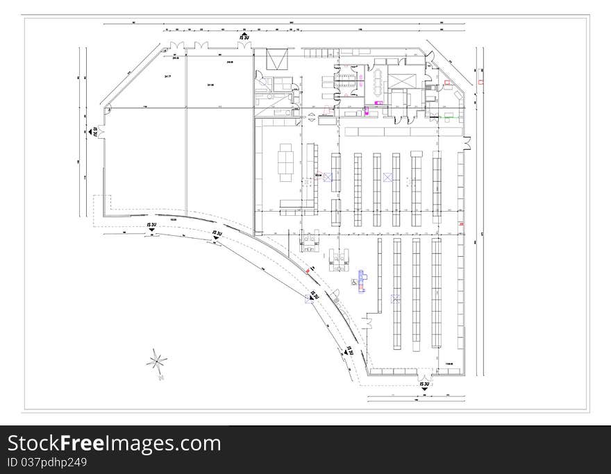 This image represents a blueprint of a commercial building made in CAD