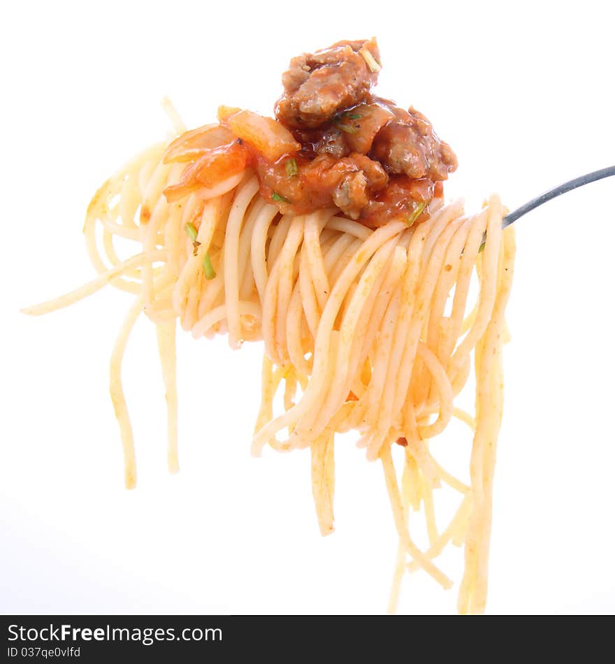 Spaghetti bolognese on a fork