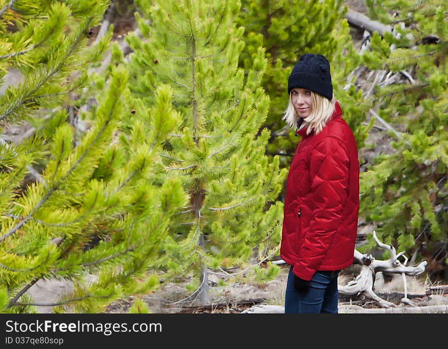 Tourist walking down the trail in Yellowstone Park. Tourist walking down the trail in Yellowstone Park.