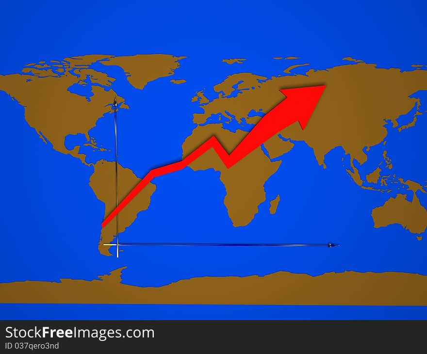 Red arrow on a map of the world. Red arrow on a map of the world