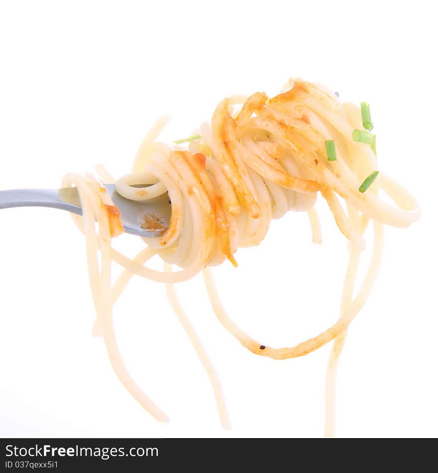 Spaghetti hanging on a fork