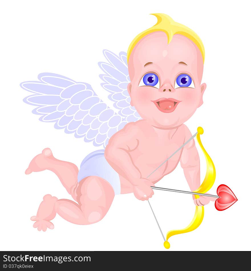 Mischievous little Cupid flying with a bow in his hands. Mischievous little Cupid flying with a bow in his hands