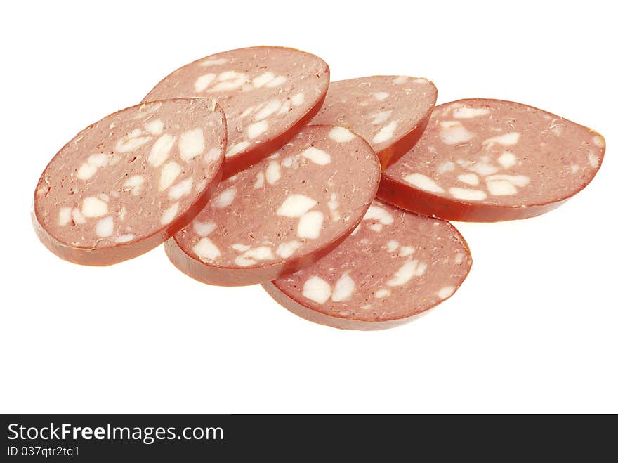 Sausage cut by slices on a white background