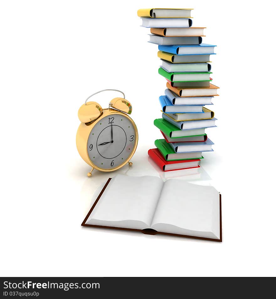 Alarm clock near stack of books over white. Alarm clock near stack of books over white