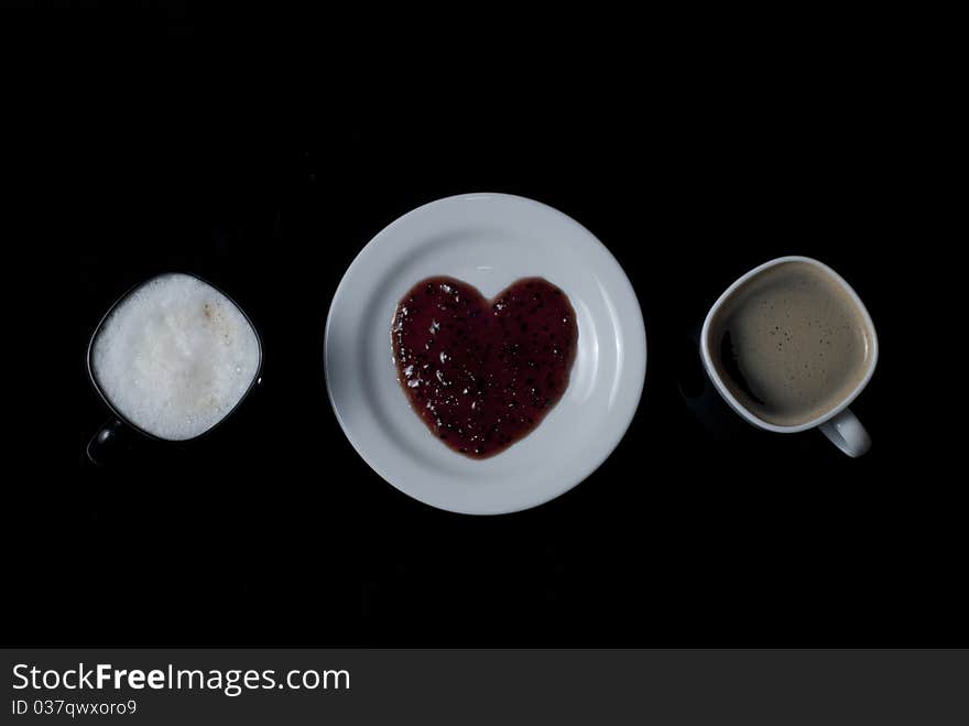 Two cups of coffee and sweet heart. Two cups of coffee and sweet heart