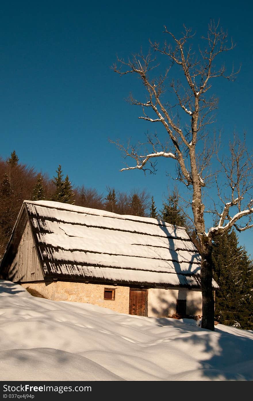 Mountain Hut In Winter