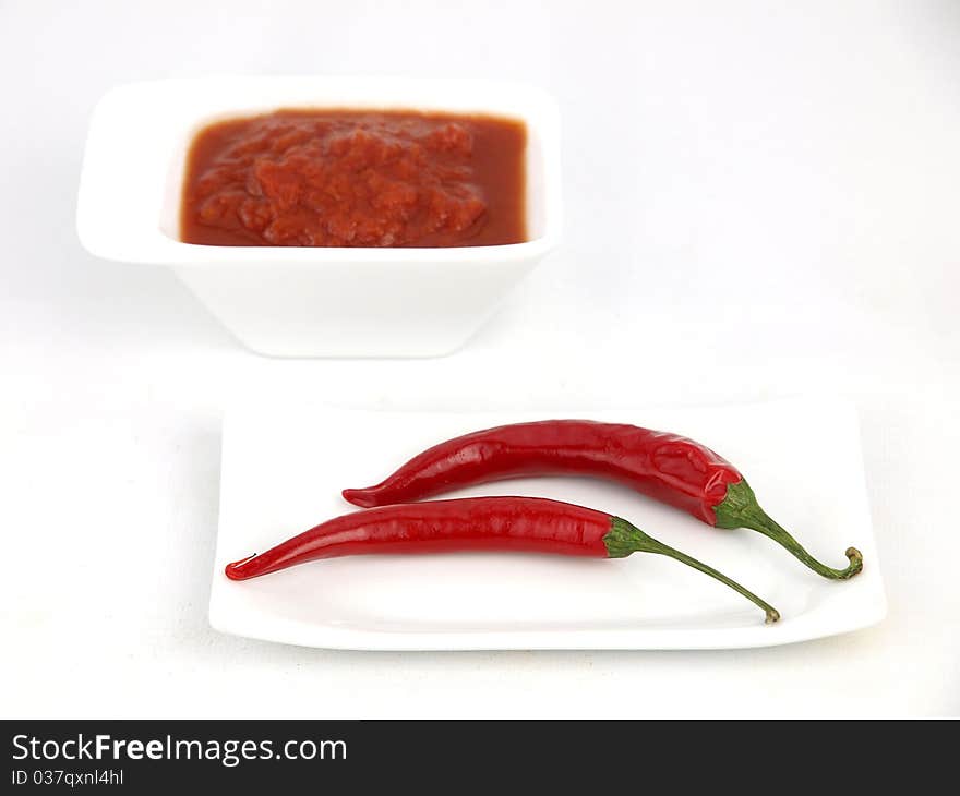 Red chili peppers and chili sauce