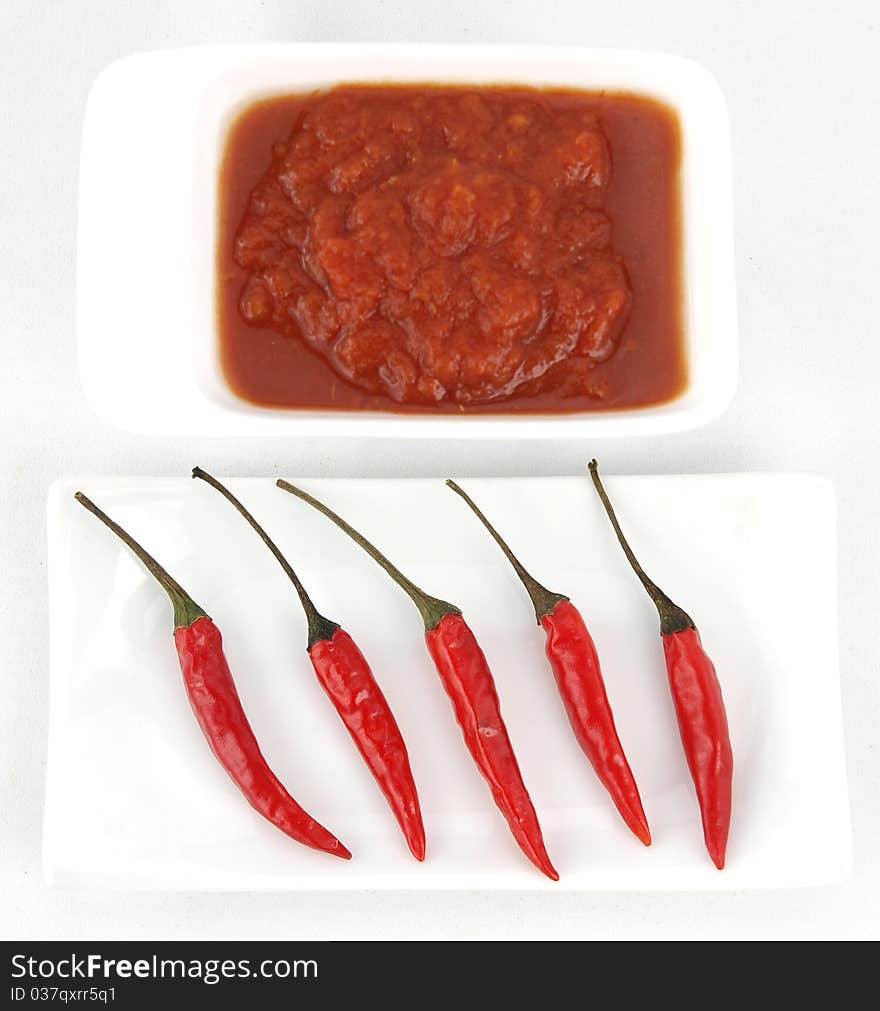 Red chili peppers and chili sauce