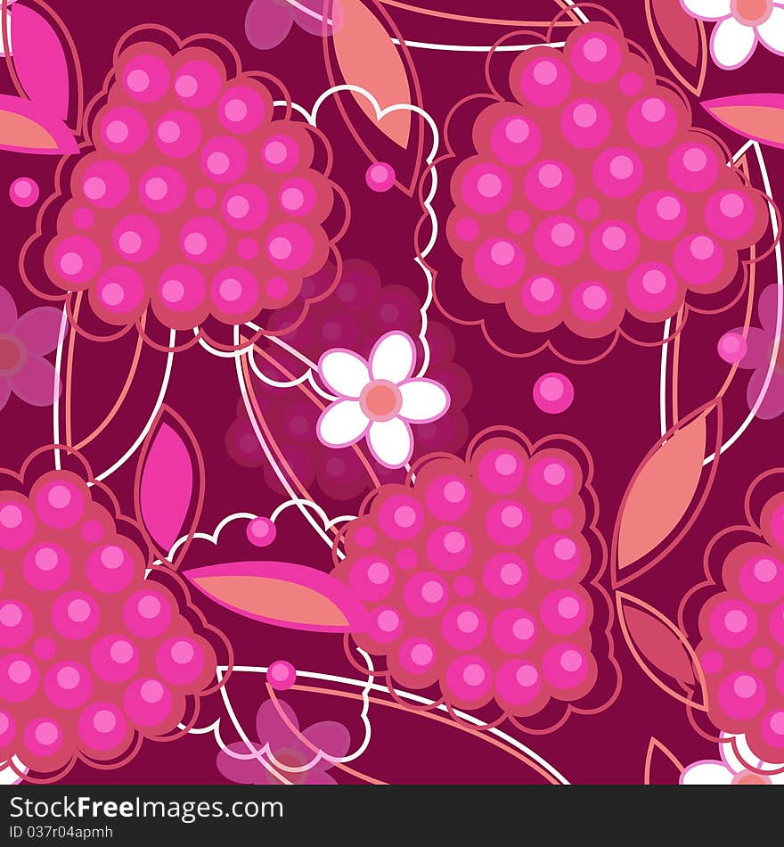 Abstract seamless texture in red colors with raspberry anf flowers. Abstract seamless texture in red colors with raspberry anf flowers