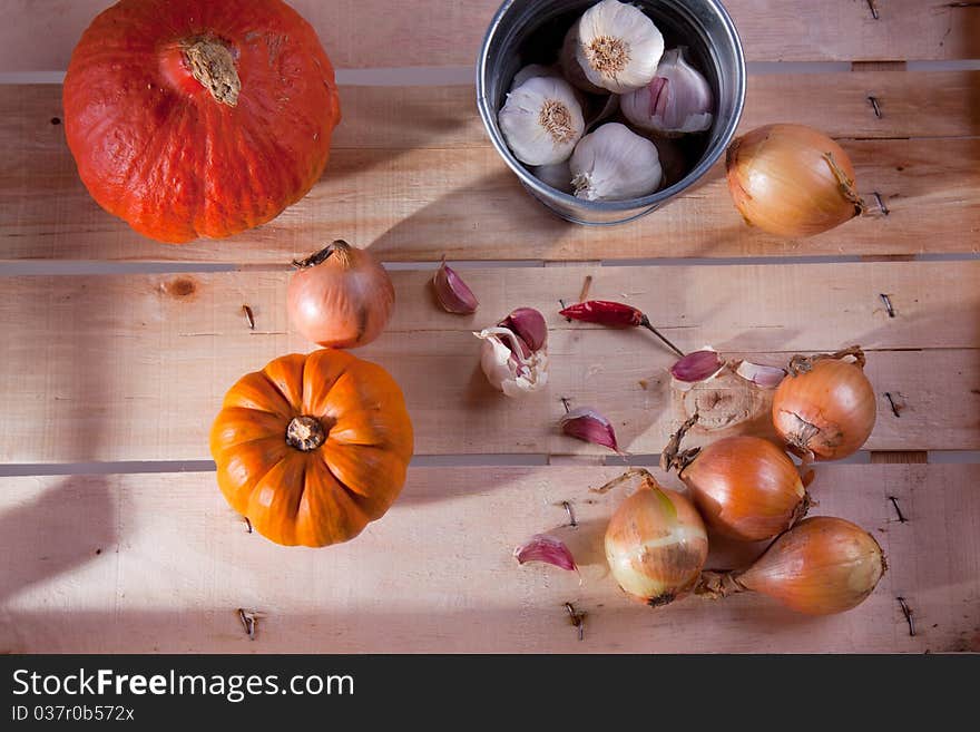 Onion, garlic and pumpkins