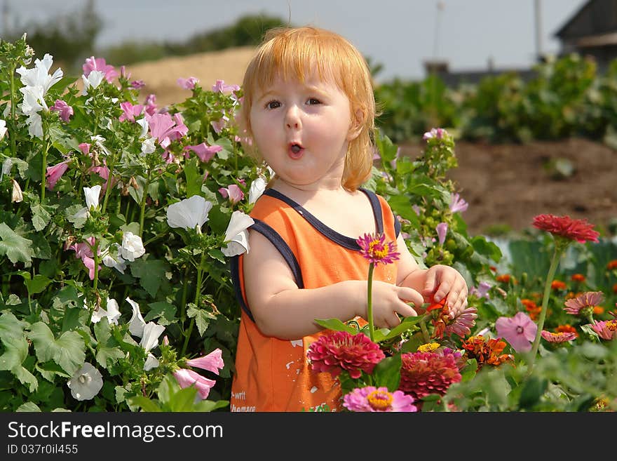 The little girl in a thicket of flowers