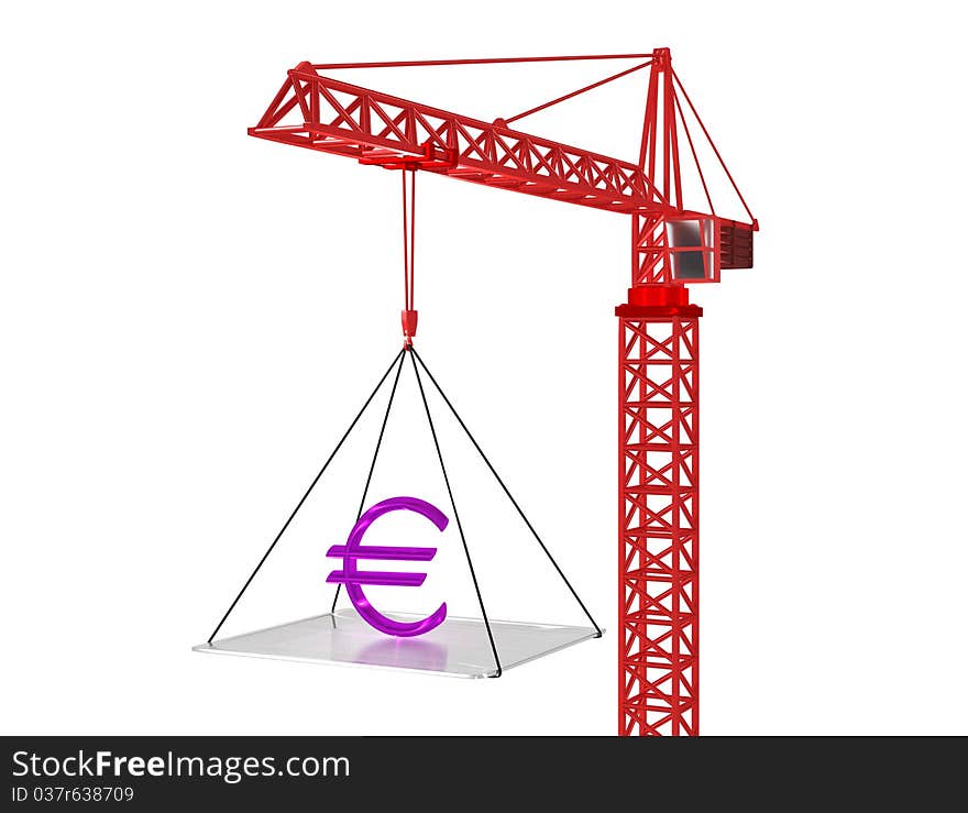 Euro symbol rise up by red crane. 3d render. Euro symbol rise up by red crane. 3d render.