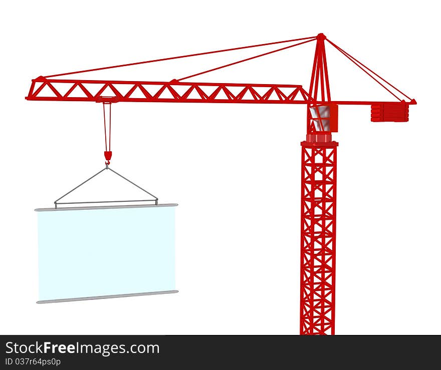 Red crane with signboard on white isolated background. 3d render. Red crane with signboard on white isolated background. 3d render.