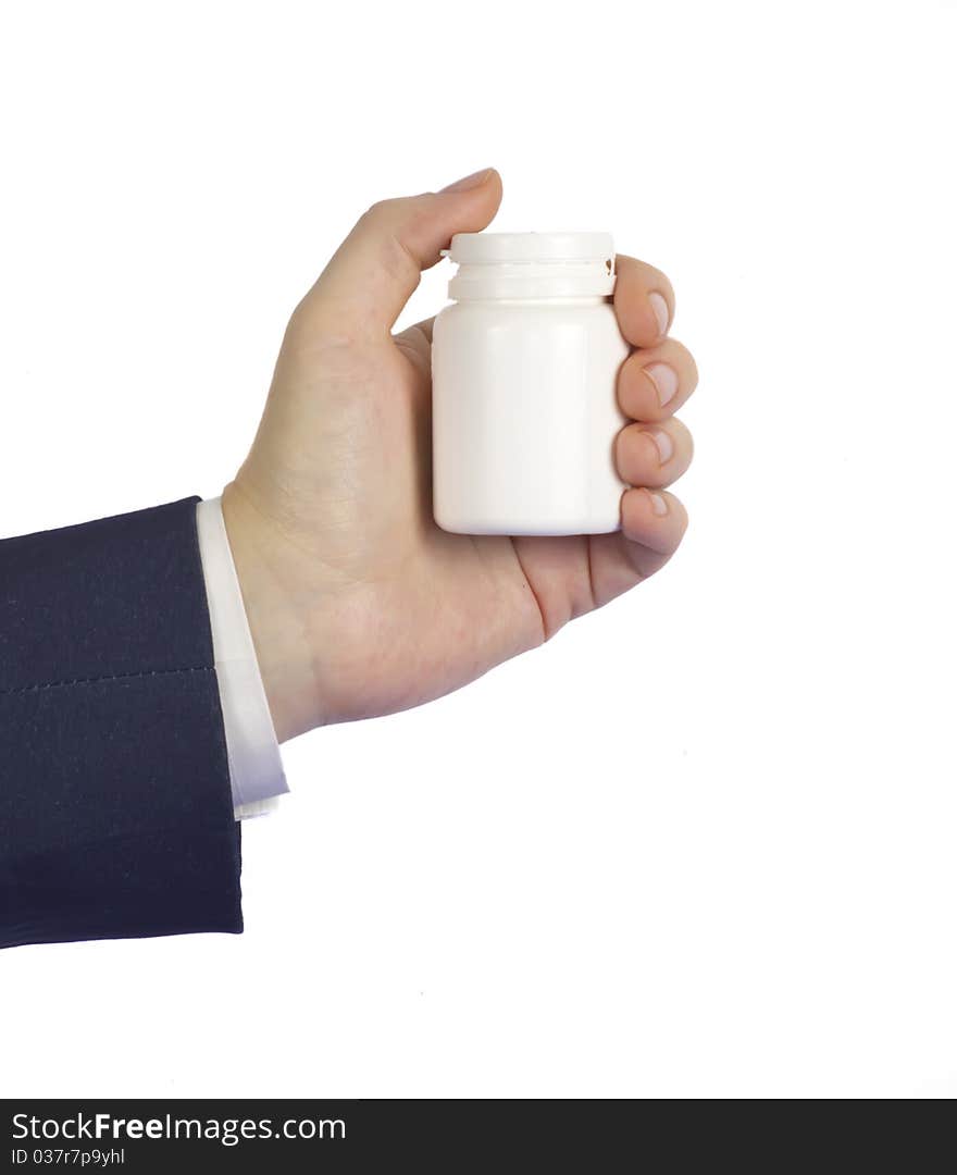 Plastic container for medicine in female hands